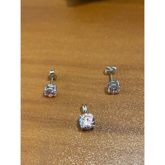 Sterling Silver Pink CZ Pendant Set Earrings and Pendant - Picture 3 of 7